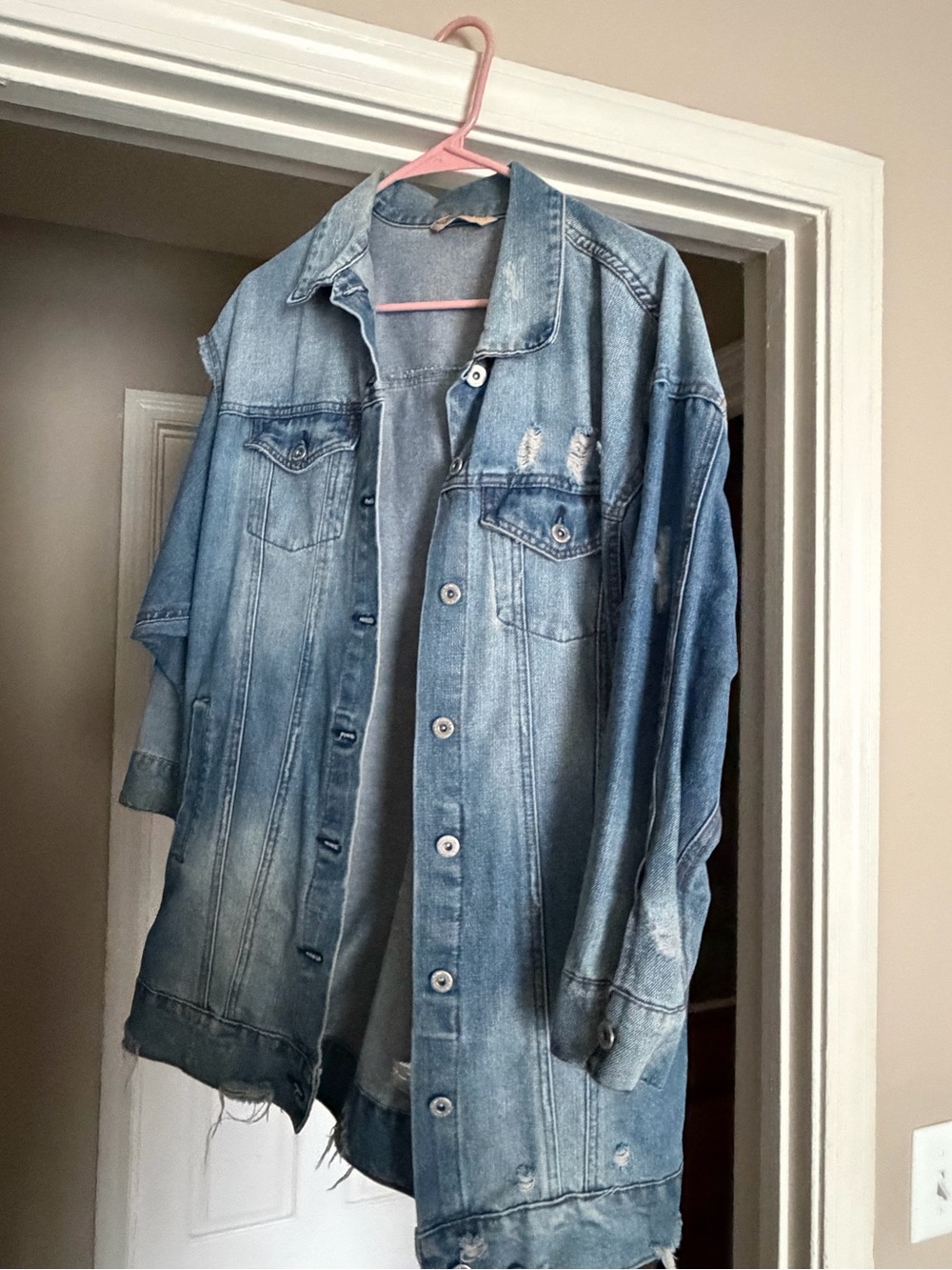 Oversized Light Blue Distressed Denim Jacket - Women's Jean Coat